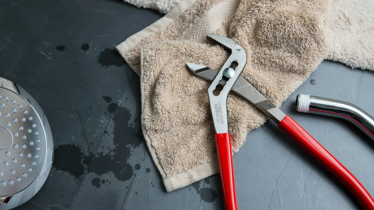 Red-handled pliers on a towel beside a drain and spilled water